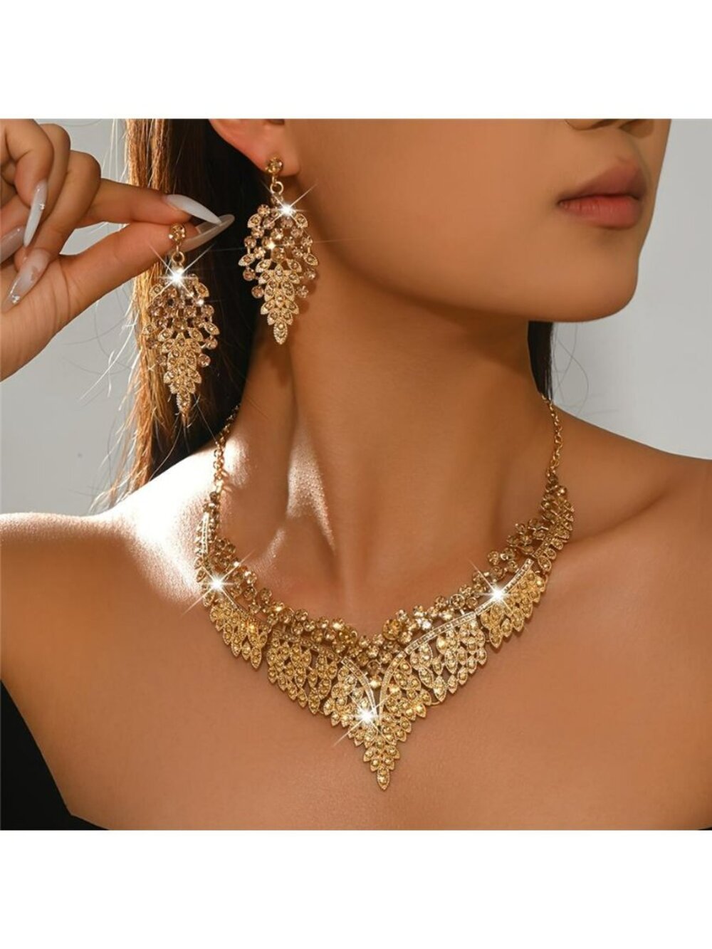 Gold Necklace Set Gold Rhinestone Earrings Statement Wedding Bridal Formal Dress
